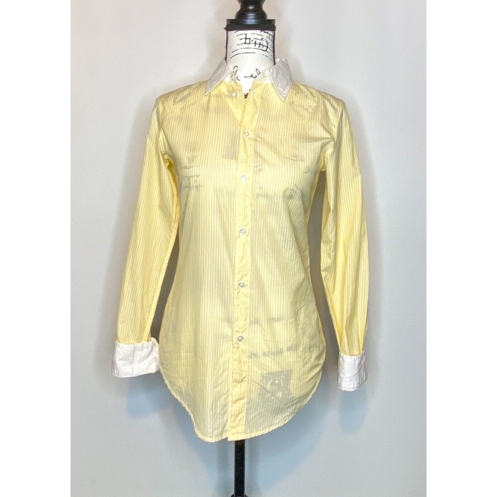 GAP Fitted Flip Cuff Boyfriend Shirt Womens 0 Yellow Striped Button Front Masc